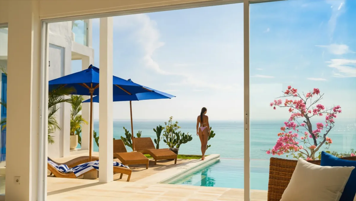Une voyageuse au bord de la piscine de la Villa Helios, Nusa Penida